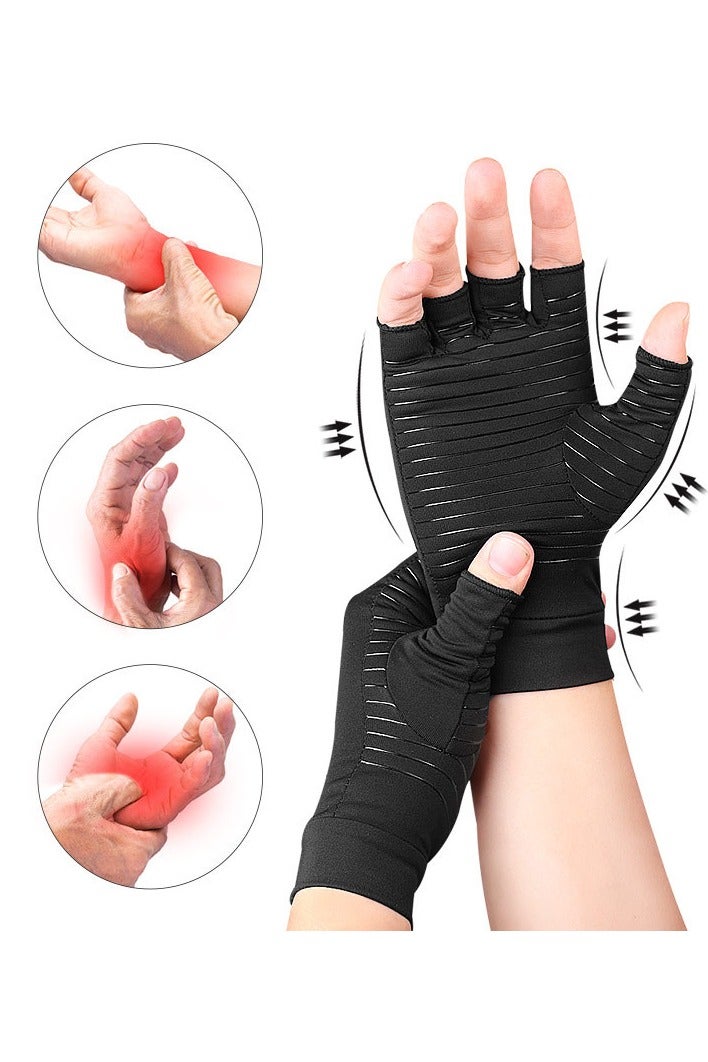 1 PAIR COPPER INFUSED FIBRE COMPRESSION GLOVES - FINGERLESS NON-SLIP GRIP, BREATHABLE AND FLEXIBLE SUPPORT FOR TYPING AND EXERCISE - MEN'S AND WOMEN'S black hand wraps - Image 1