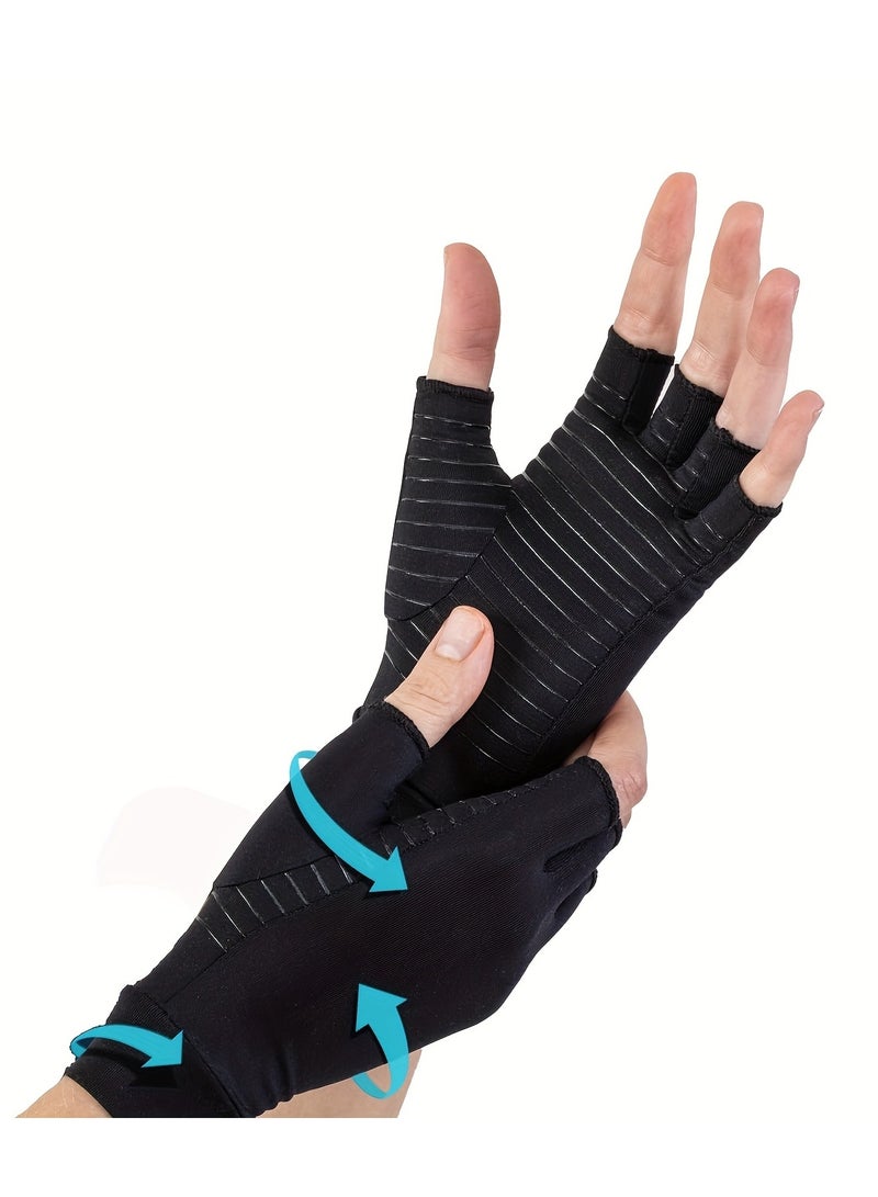 1 PAIR COPPER INFUSED FIBRE COMPRESSION GLOVES - FINGERLESS NON-SLIP GRIP, BREATHABLE AND FLEXIBLE SUPPORT FOR TYPING AND EXERCISE - MEN'S AND WOMEN'S black hand wraps - Image 3