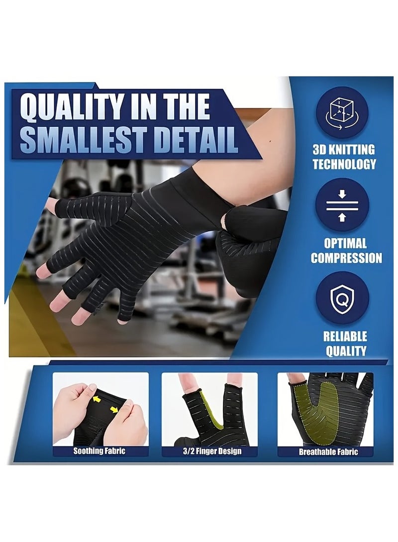 1 PAIR COPPER INFUSED FIBRE COMPRESSION GLOVES - FINGERLESS NON-SLIP GRIP, BREATHABLE AND FLEXIBLE SUPPORT FOR TYPING AND EXERCISE - MEN'S AND WOMEN'S black hand wraps - Image 5