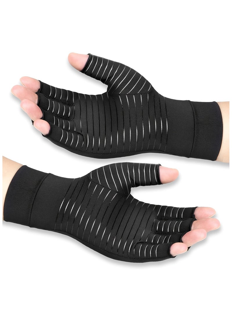 1 PAIR COPPER INFUSED FIBRE COMPRESSION GLOVES - FINGERLESS NON-SLIP GRIP, BREATHABLE AND FLEXIBLE SUPPORT FOR TYPING AND EXERCISE - MEN'S AND WOMEN'S black hand wraps - Image 2