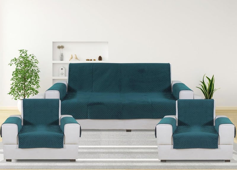 Nendle Luxurious Soft Velvet Quilted Anti-Slip Sofa Cover 5 Seater Fully Covered with Combined Sofa Seat, Back and Arms Protector Covers (Peacock Blue, Pack of 3+1+1) - Image 1