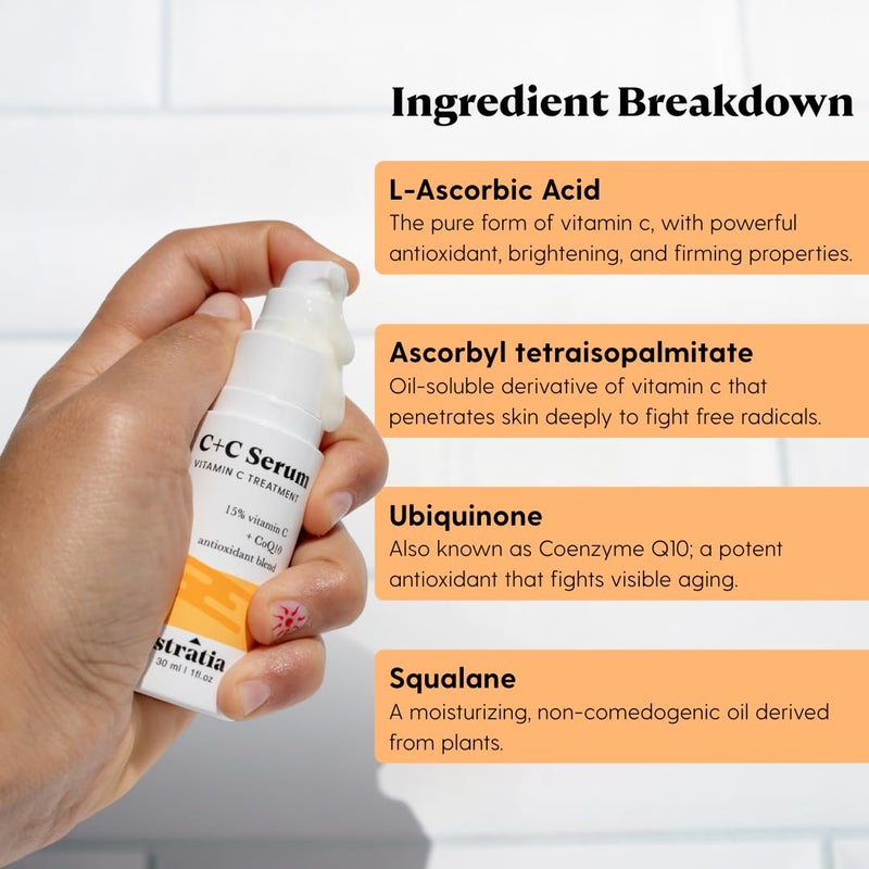 Stratia C+C Vitamin C Serum â€“ 15% Potent Formula with 10% L-Ascorbic Acid for Bright, Even-Toned Skin - Non-Irritating, Water-Free Antioxidant Face Cream, 1 Fl Oz - Image 5