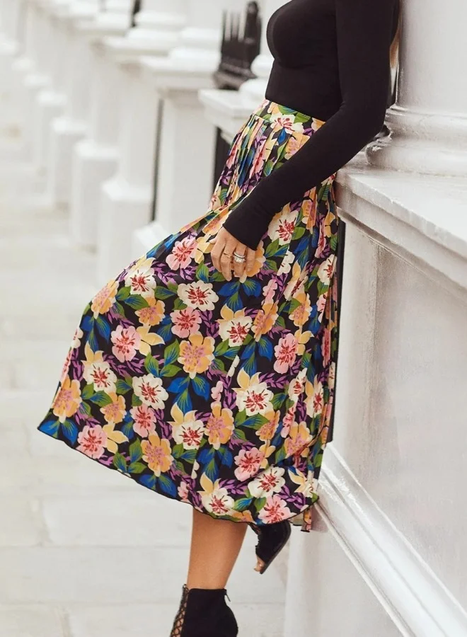 Floral Pleated Midi Skirt