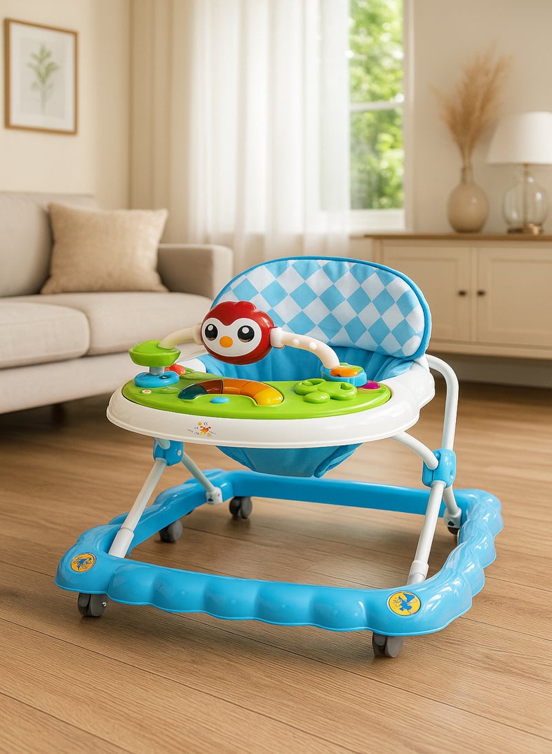 رالي مشّاية أطفال متعددة الوظائف بلون أزرق مع ألعاب موسيقية ترفيهية – تعليم المشي – مقعد مريح وقابل للتعديل بارتفاعات مختلفة، تصميم آمن بعجلات مرنة لتعلم المشي بسهولة ومتعة - Image 1
