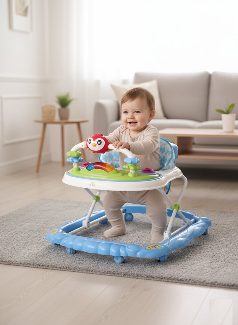 رالي مشّاية أطفال متعددة الوظائف بلون أزرق مع ألعاب موسيقية ترفيهية – تعليم المشي – مقعد مريح وقابل للتعديل بارتفاعات مختلفة، تصميم آمن بعجلات مرنة لتعلم المشي بسهولة ومتعة - Image 2