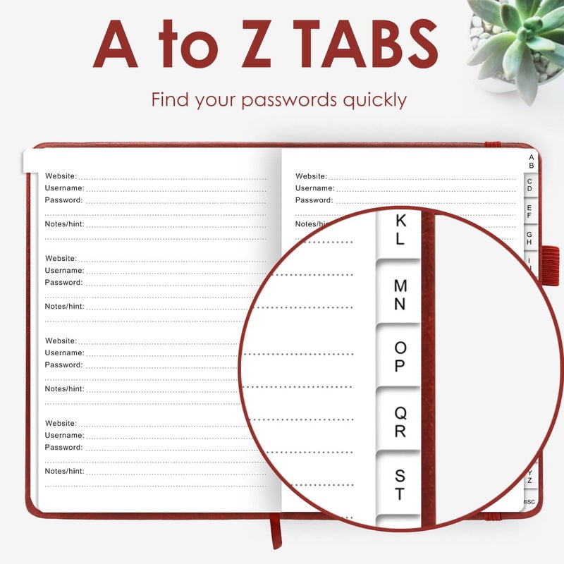 Jxselect Elegant Password Book with Alphabetical Tabs - Hardcover Password Book for Internet Website Address Login - 7" x 10" Password Keeper and Organizer w/Notes Section & Back Pocket (Wine Red) - Image 3