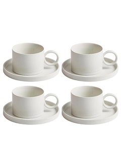 Perfii Set of 4 Elegant Cup and Saucer Set with Round Handle for Efficient Storage, Premium Minimalist Design for a Complete Beverage Experience  - Image 1