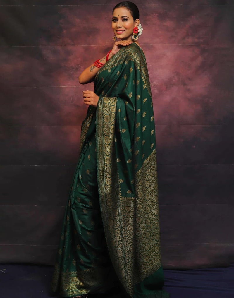 Shiv Textiles Women's Kanjivaram Art Silk Saree Soft Banarasi Style Sari With Blouse Piece For Wedding(S-101-GREEN) - Image 5