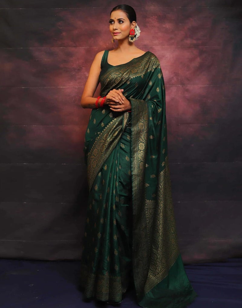 Shiv Textiles Women's Kanjivaram Art Silk Saree Soft Banarasi Style Sari With Blouse Piece For Wedding(S-101-GREEN) - Image 3