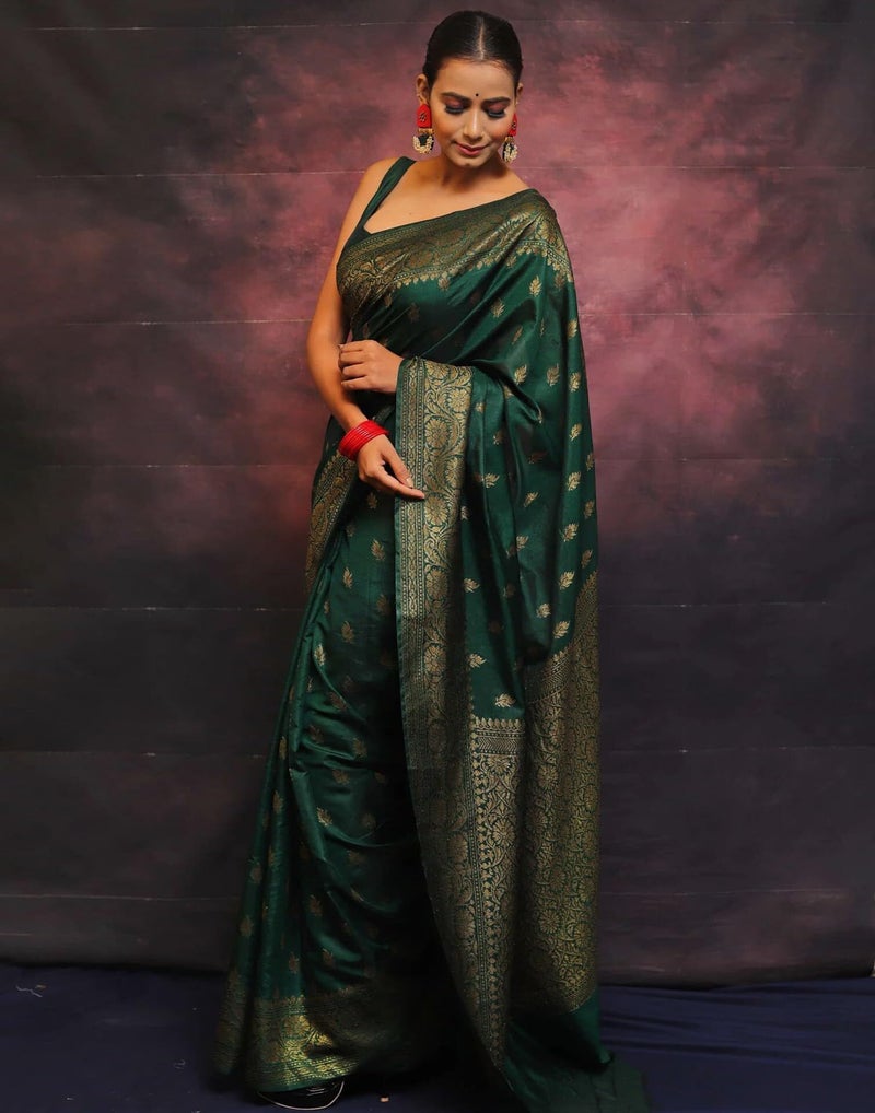 Shiv Textiles Women's Kanjivaram Art Silk Saree Soft Banarasi Style Sari With Blouse Piece For Wedding(S-101-GREEN) - Image 4