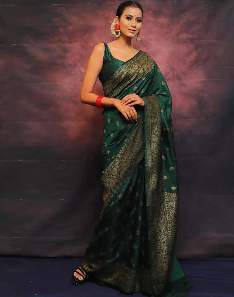 Shiv Textiles Women's Kanjivaram Art Silk Saree Soft Banarasi Style Sari With Blouse Piece For Wedding(S-101-GREEN) - Image 2