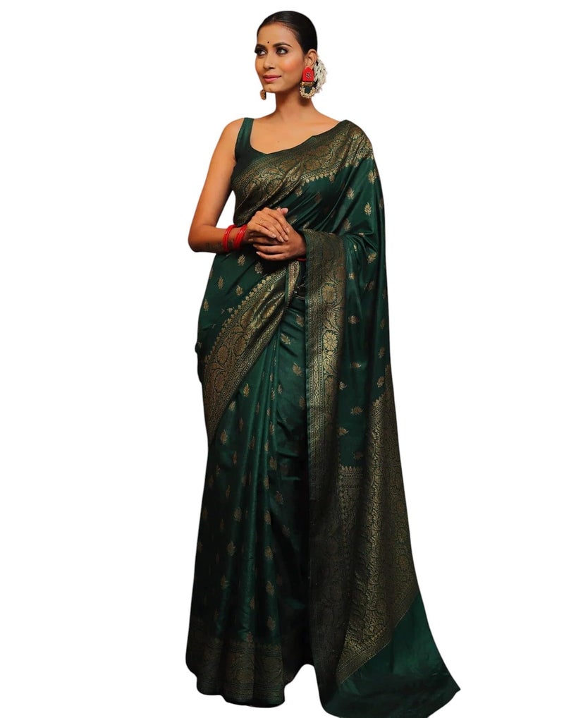 Shiv Textiles Women's Kanjivaram Art Silk Saree Soft Banarasi Style Sari With Blouse Piece For Wedding(S-101-GREEN) - Image 1