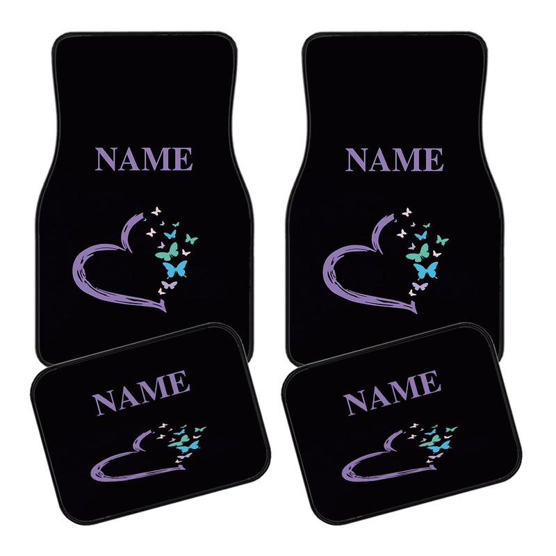4pcs Customizable Name Car Floor Mats With Purple Heart And Butterfly Pattern Easy To Clean Car Interior Accessory For Sedans Trucks And Suvs All Seasons Birthday Gift Or Decoration - Image 1