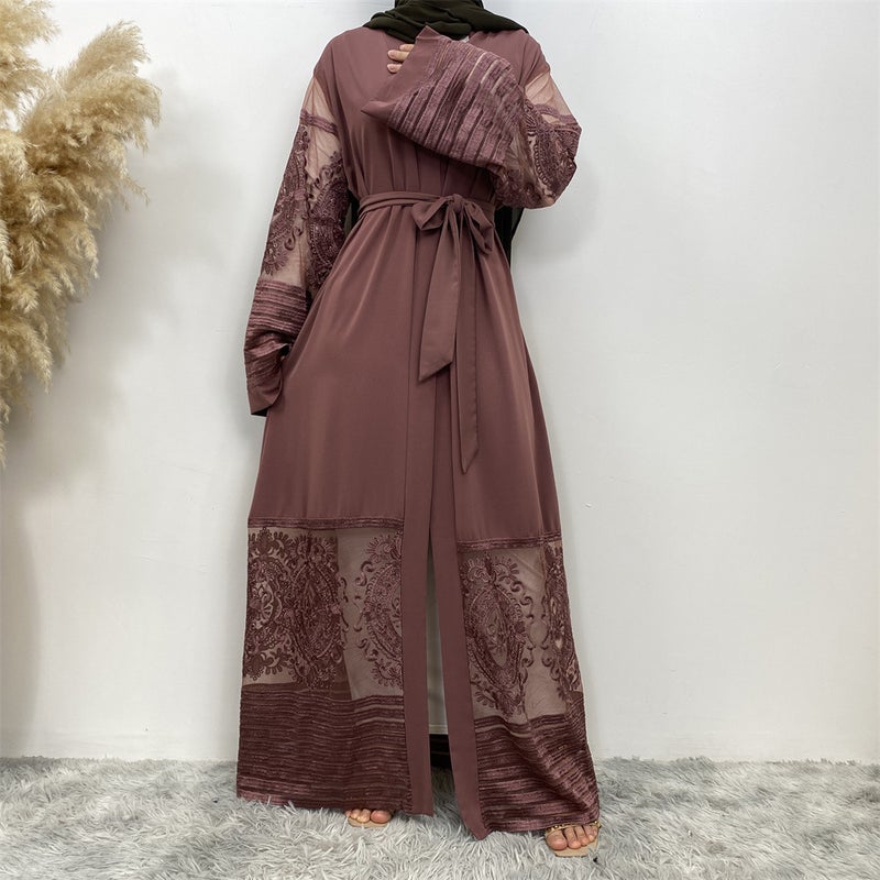 Women's Embroidered Lace Fashion Cardigan - Casual Summer Open Abaya