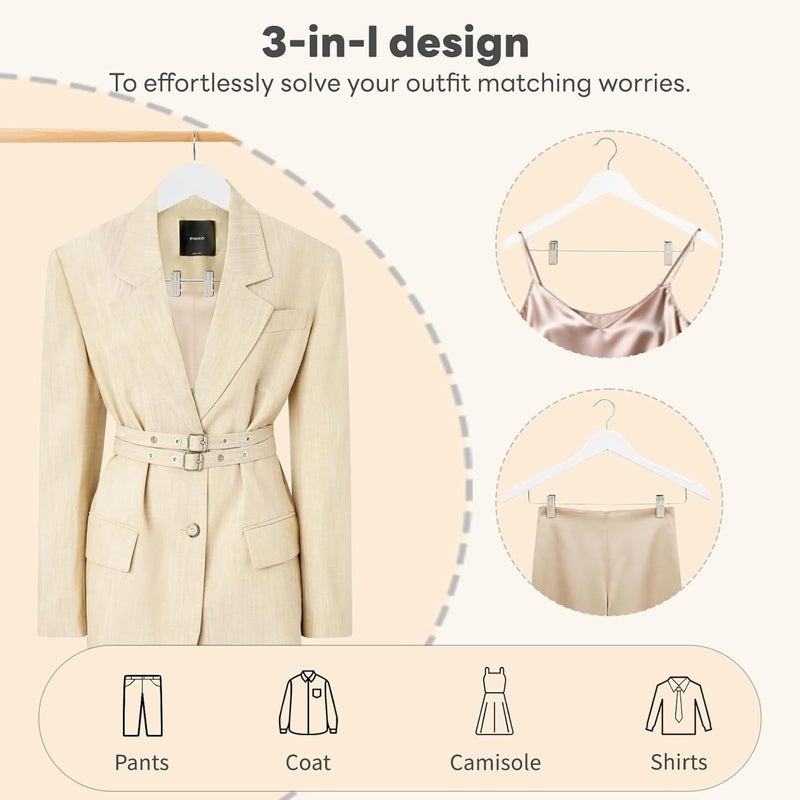 HOUSE DAY Wooden Hangers with Clips 24 Pack - Heavy Duty White Wood Hangers for Pants, Skirts, and Coats - Image 2