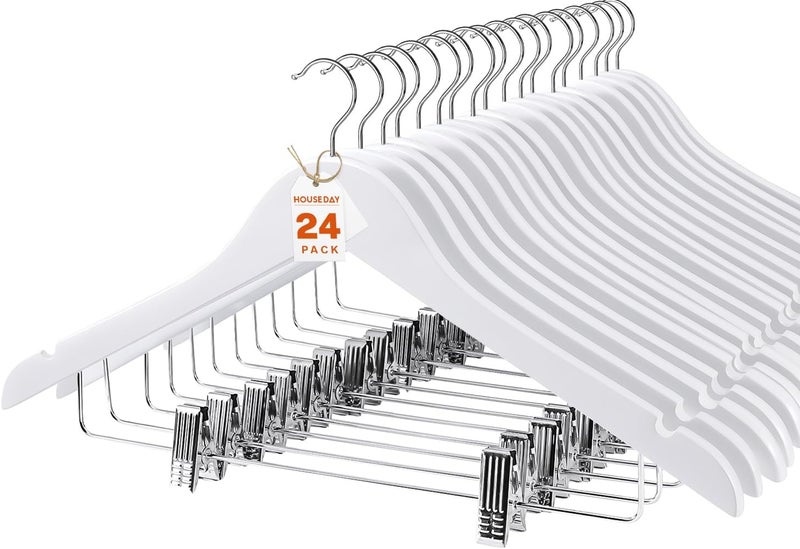 HOUSE DAY Wooden Hangers with Clips 24 Pack - Heavy Duty White Wood Hangers for Pants, Skirts, and Coats - Image 1