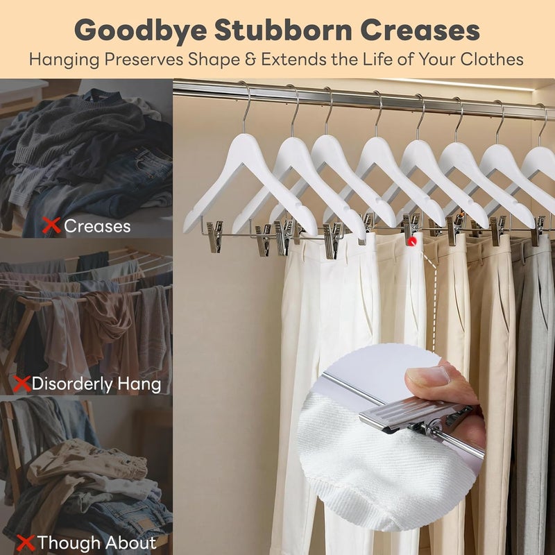 HOUSE DAY Wooden Hangers with Clips 24 Pack - Heavy Duty White Wood Hangers for Pants, Skirts, and Coats - Image 5