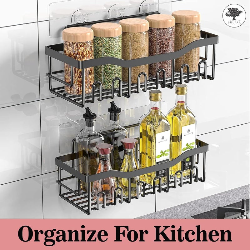 sulfar Bathroom Rack For Shampoo Organizer With Shelf Adhesive Bathroom Shelf Rack Self Adhesive Wall Storage Organizer For Kitchen And Bathroom (Black) Pack of 2 - Image 4