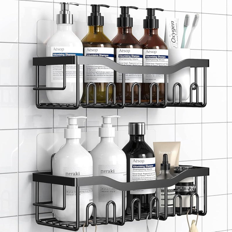 sulfar Bathroom Rack For Shampoo Organizer With Shelf Adhesive Bathroom Shelf Rack Self Adhesive Wall Storage Organizer For Kitchen And Bathroom (Black) Pack of 2 - Image 1
