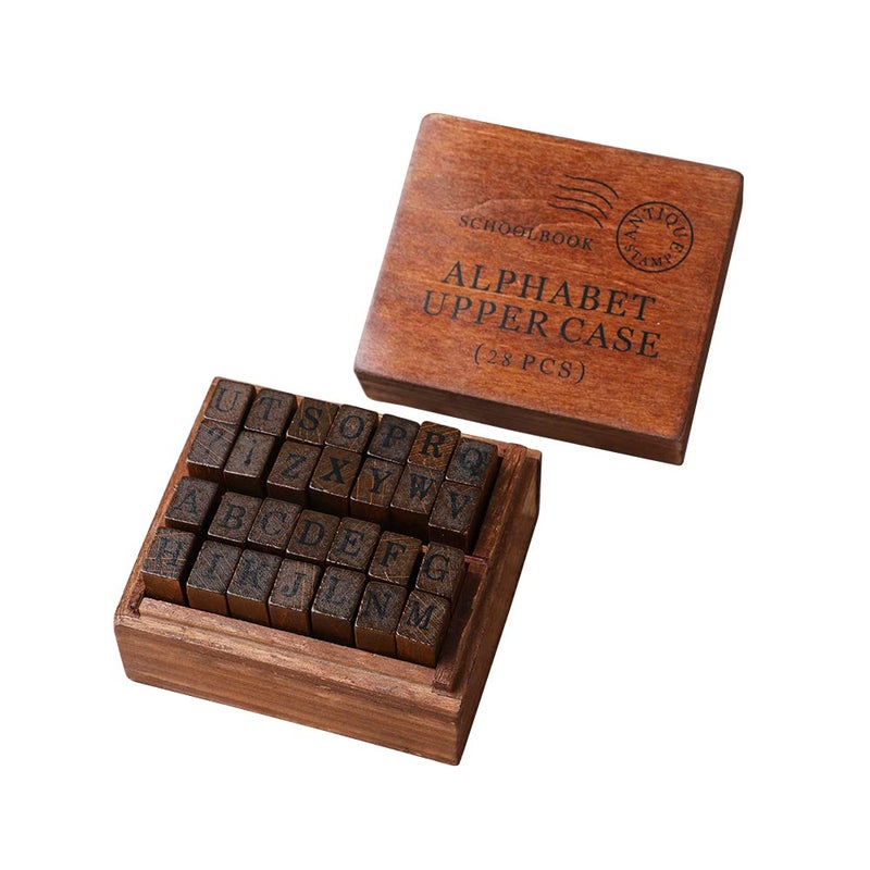 DIYOMR Vintage Letter Stamps Wood Rubber Stamps 26Pcs Alphabet Stamps Set with Old Red Vintage Wooden Box for Gift Card Making Scrapbook DIY Ancient Typing Simulation Uppercase Print