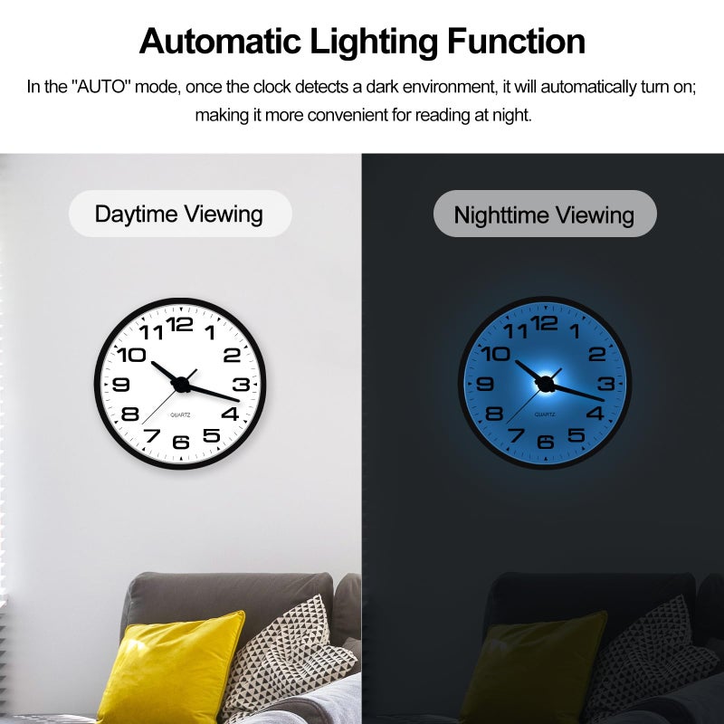 JoFomp Lighted Wall Clocks Battery Operated, 12 Inch Wall Clock for Bedroom Night Glow, Light Up Wall Clock Silent, Glow in The Dark Wall Clocks for Living Room Decor, Light Sensor - Auto Lighting - Image 3