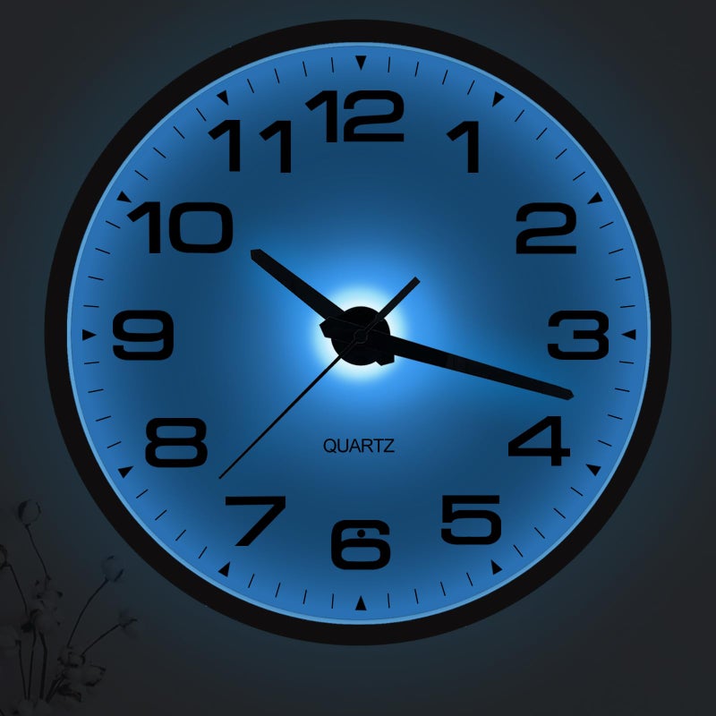 JoFomp Lighted Wall Clocks Battery Operated, 12 Inch Wall Clock for Bedroom Night Glow, Light Up Wall Clock Silent, Glow in The Dark Wall Clocks for Living Room Decor, Light Sensor - Auto Lighting - Image 1