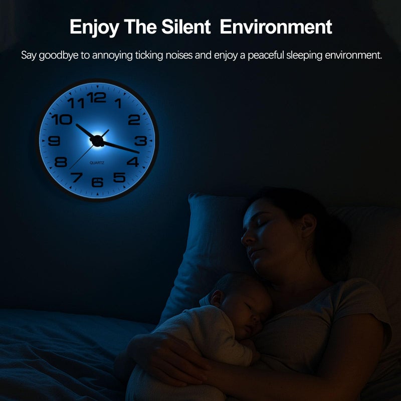 JoFomp Lighted Wall Clocks Battery Operated, 12 Inch Wall Clock for Bedroom Night Glow, Light Up Wall Clock Silent, Glow in The Dark Wall Clocks for Living Room Decor, Light Sensor - Auto Lighting - Image 5