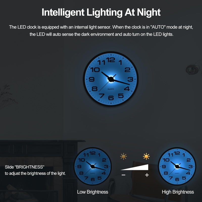 JoFomp Lighted Wall Clocks Battery Operated, 12 Inch Wall Clock for Bedroom Night Glow, Light Up Wall Clock Silent, Glow in The Dark Wall Clocks for Living Room Decor, Light Sensor - Auto Lighting - Image 4