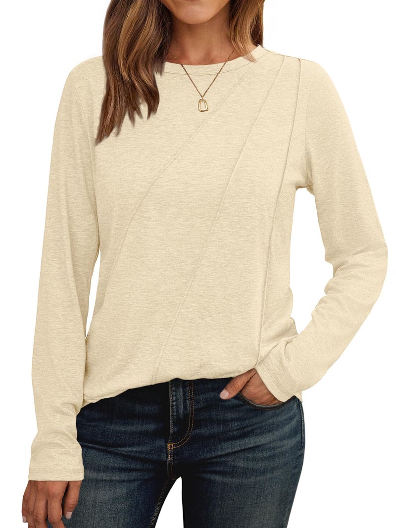 AUTOMET Womens Pleated Long Sleeve Tunic Tops - Loose Fit Crewneck Casual Shirts, Soft Lightweight Everyday Basic Clothes Cream L - Image 1