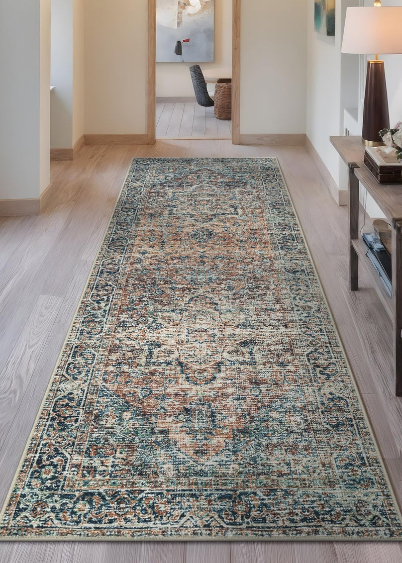 Bloom Rugs Caria Washable Non-Slip 10 ft Runner - Blue Green/Tangerine Traditional Runner for Entryway, Hallway, Bathroom, and Kitchen - Exact Size: 2'6" x 10' - Image 2