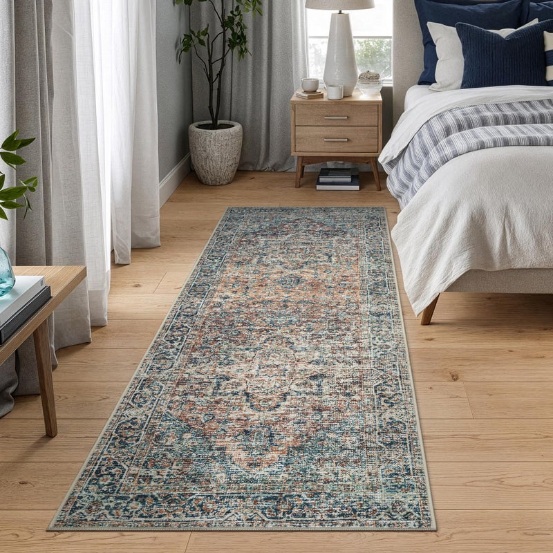 Bloom Rugs Caria Washable Non-Slip 10 ft Runner - Blue Green/Tangerine Traditional Runner for Entryway, Hallway, Bathroom, and Kitchen - Exact Size: 2'6" x 10' - Image 3