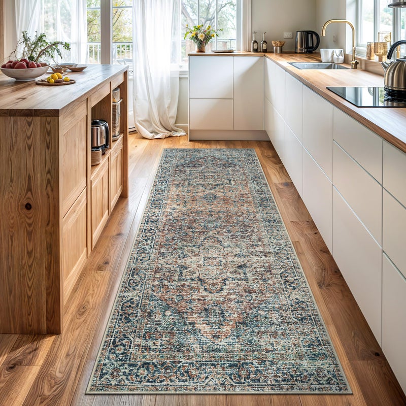 Bloom Rugs Caria Washable Non-Slip 10 ft Runner - Blue Green/Tangerine Traditional Runner for Entryway, Hallway, Bathroom, and Kitchen - Exact Size: 2'6" x 10' - Image 1