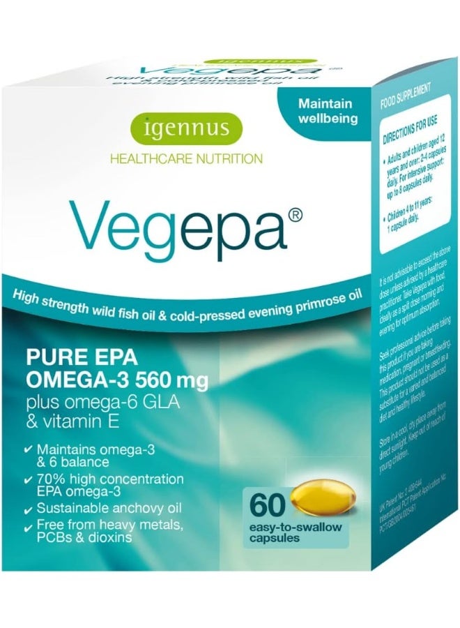 Igennus Vegepa Omega-3-6 Essential Fatty Acids, Wild Fish Oil & Evening Primrose Oil, 560mg EPA Omega-3 per serving, 60 Capsules - Image 1