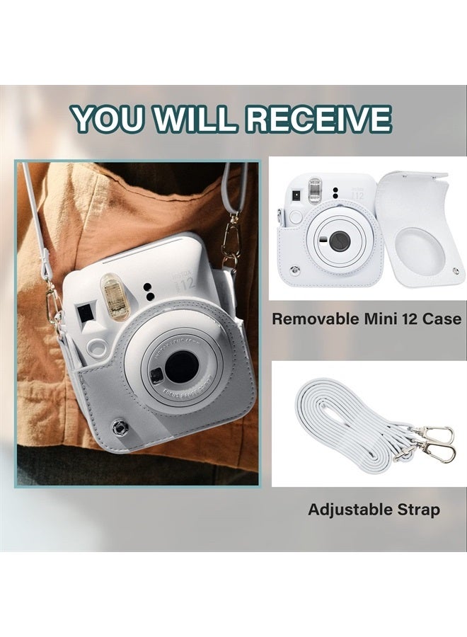 Rieibi حافظة كاميرا متوافقة مع فوجي إنستكس ميني 12 - حافظة بولارويد إنستكس 12 لكاميرا فوجي فيلم إنستكس ميني 12 الفورية - غطاء حقيبة فوجي ميني 12 مع حزام - أبيض طيني - Image 2