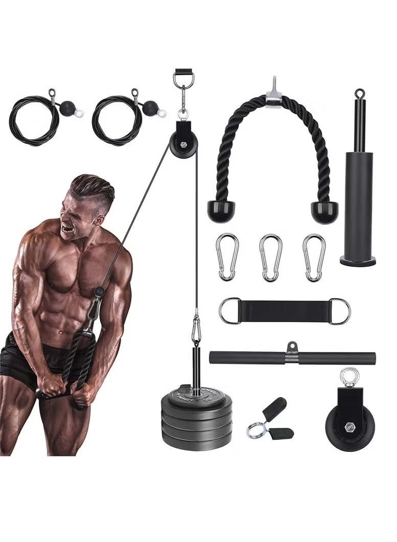 Pulley System Gym, Home Cable Pulley System with Silent Pulley, Triceps Rope, Straight Bar, 2 Cables, Upgrade Loading Pin, 3 Hoist Buckles and Hanging Strap, Home Gym Equipment for Core Routine
