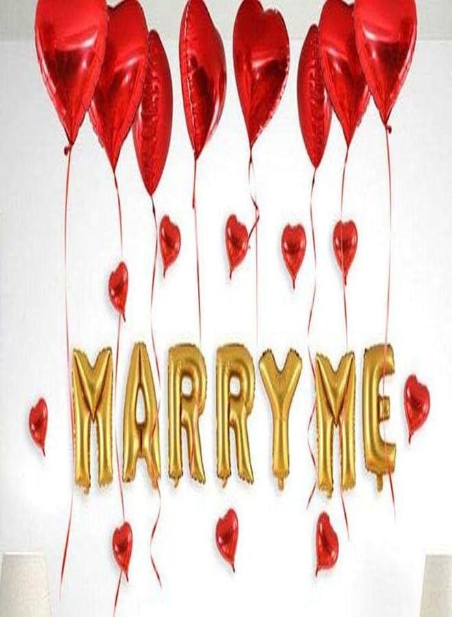 Salux 40 inch MARRY ME Gold Foil 8 Large Red Foil Heart Balloon 10 Small Red Foil Hearts for the perfect proposal - Salux Collection
