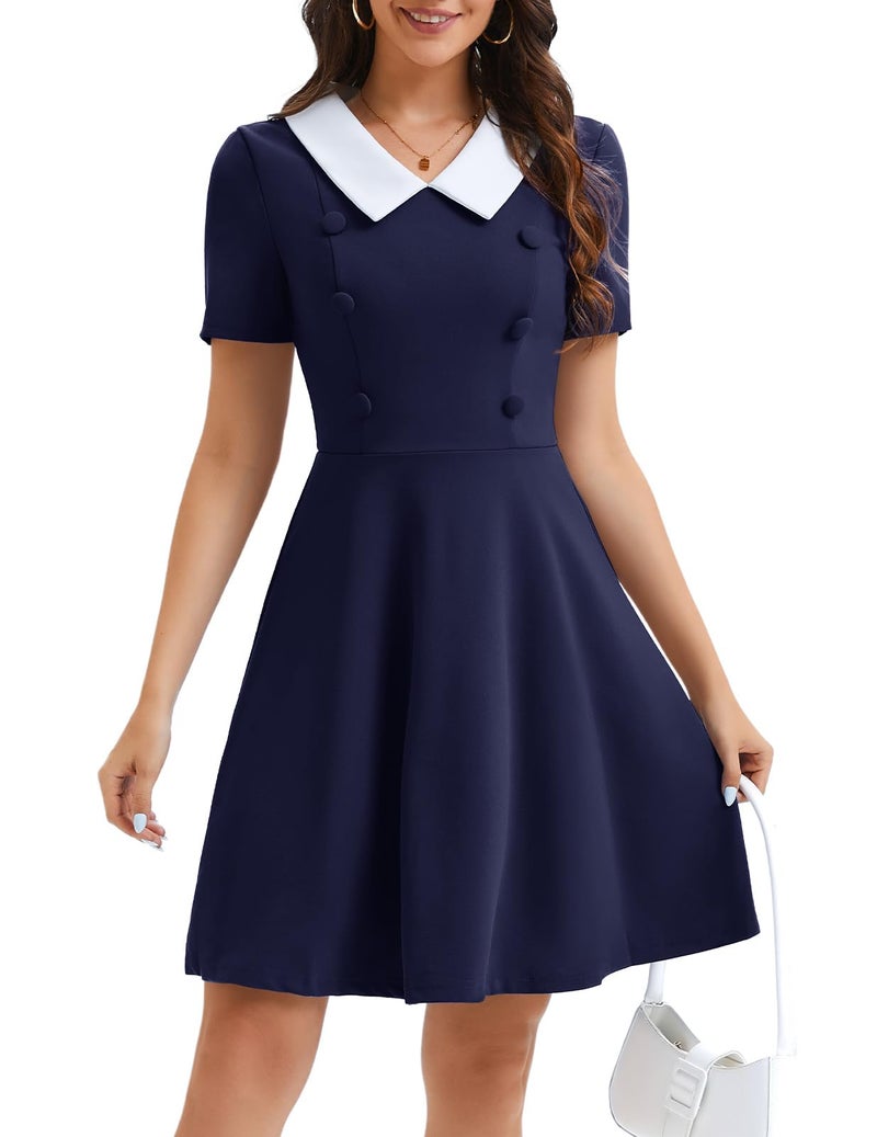 Bbonlinedress Cocktail Dresses for Women, 1950s Vintage Retro Rockabilly Church Peter Pan Collar Short Sleeve Fit and Flare A Line Dress Navy L - Image 1
