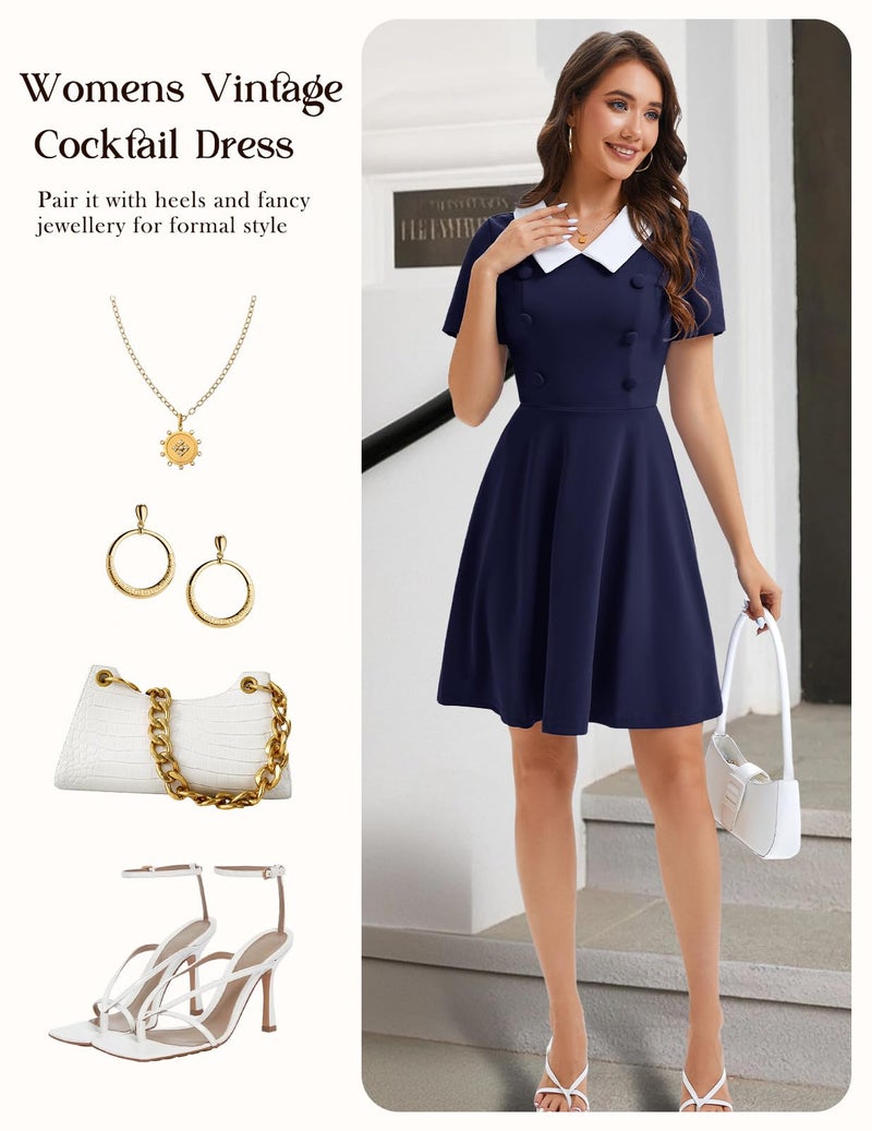 Bbonlinedress Cocktail Dresses for Women, 1950s Vintage Retro Rockabilly Church Peter Pan Collar Short Sleeve Fit and Flare A Line Dress Navy L - Image 5