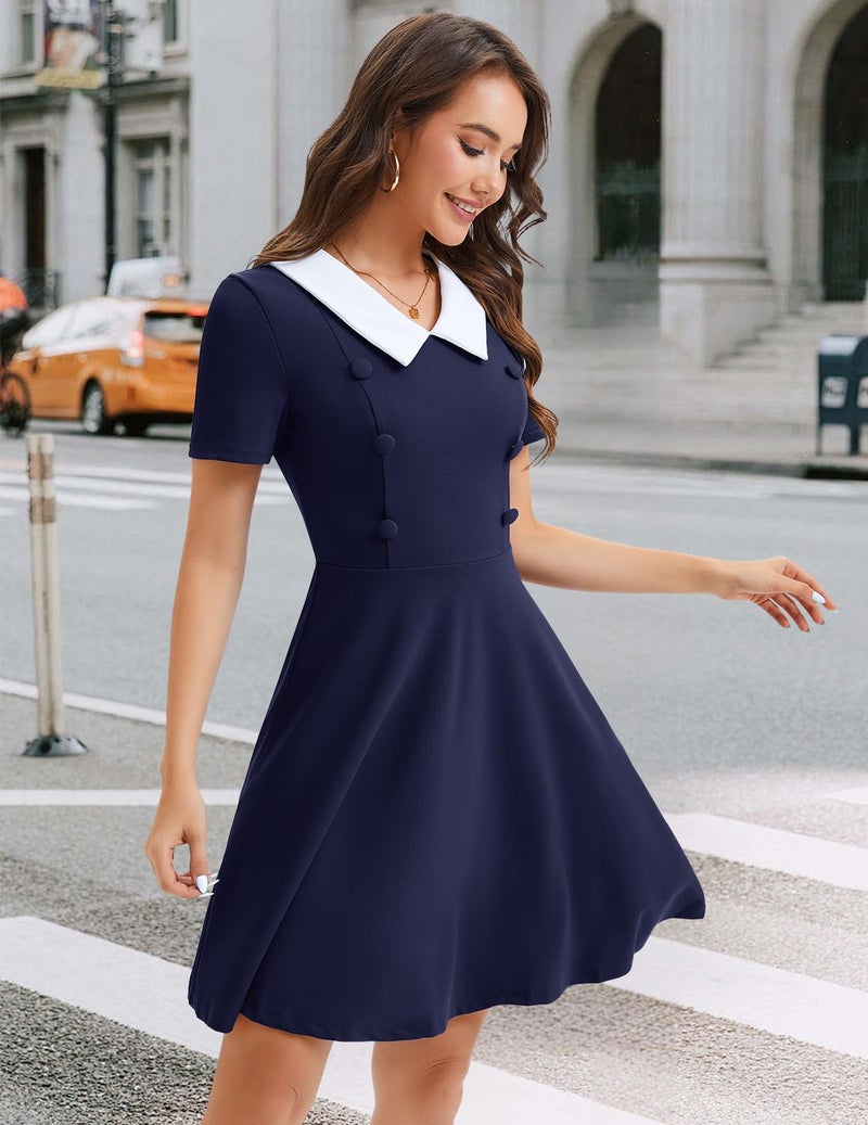 Bbonlinedress Cocktail Dresses for Women, 1950s Vintage Retro Rockabilly Church Peter Pan Collar Short Sleeve Fit and Flare A Line Dress Navy L - Image 3