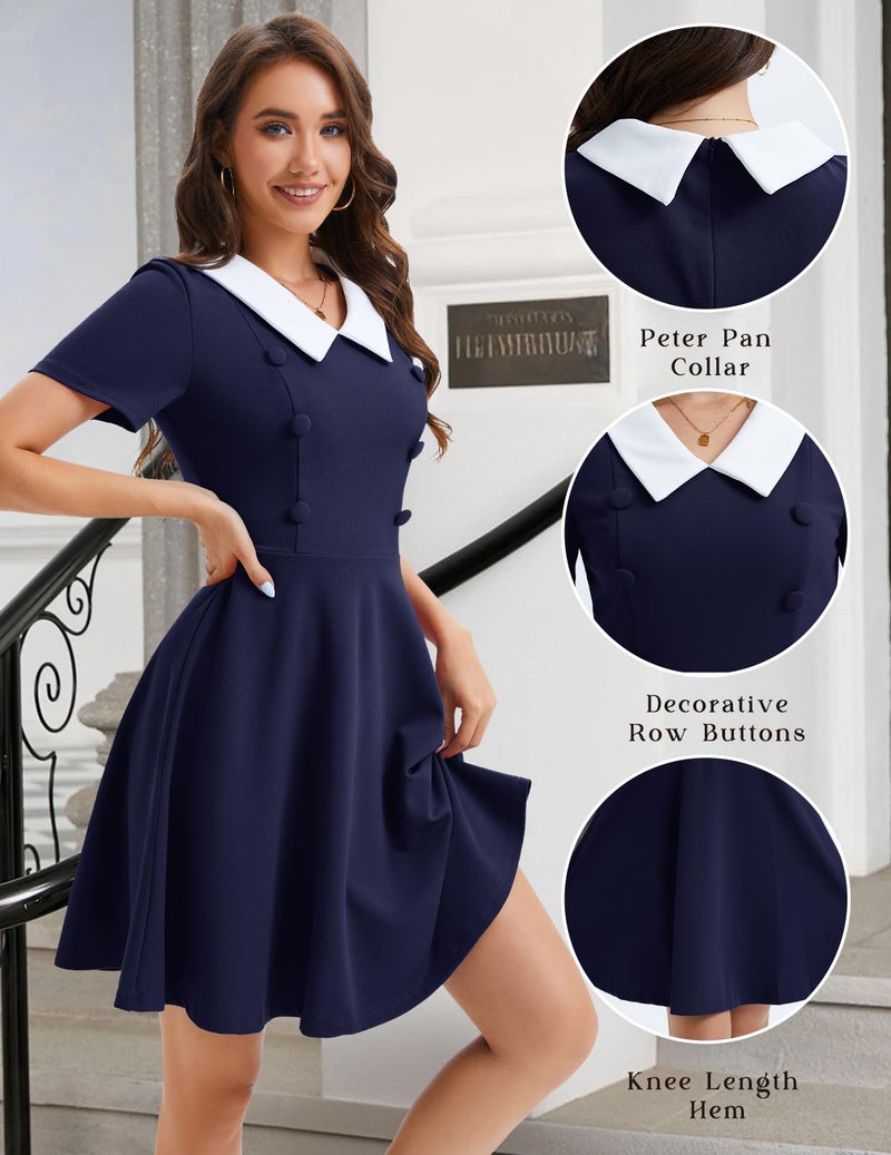 Bbonlinedress Cocktail Dresses for Women, 1950s Vintage Retro Rockabilly Church Peter Pan Collar Short Sleeve Fit and Flare A Line Dress Navy L - Image 4