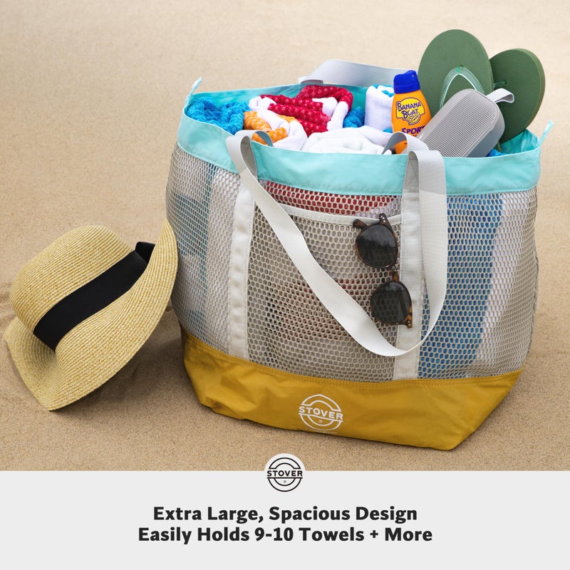 STOVER Extra Large Mesh Nylon Beach Bag, Vacation, Pool, Shopping, Toy, & Travel Tote - Foldable w/Storage Pouch & Pockets for Women, Men & Families - Heavy-Duty and Water-Resistant (Yellow/Aqua) - Image 1