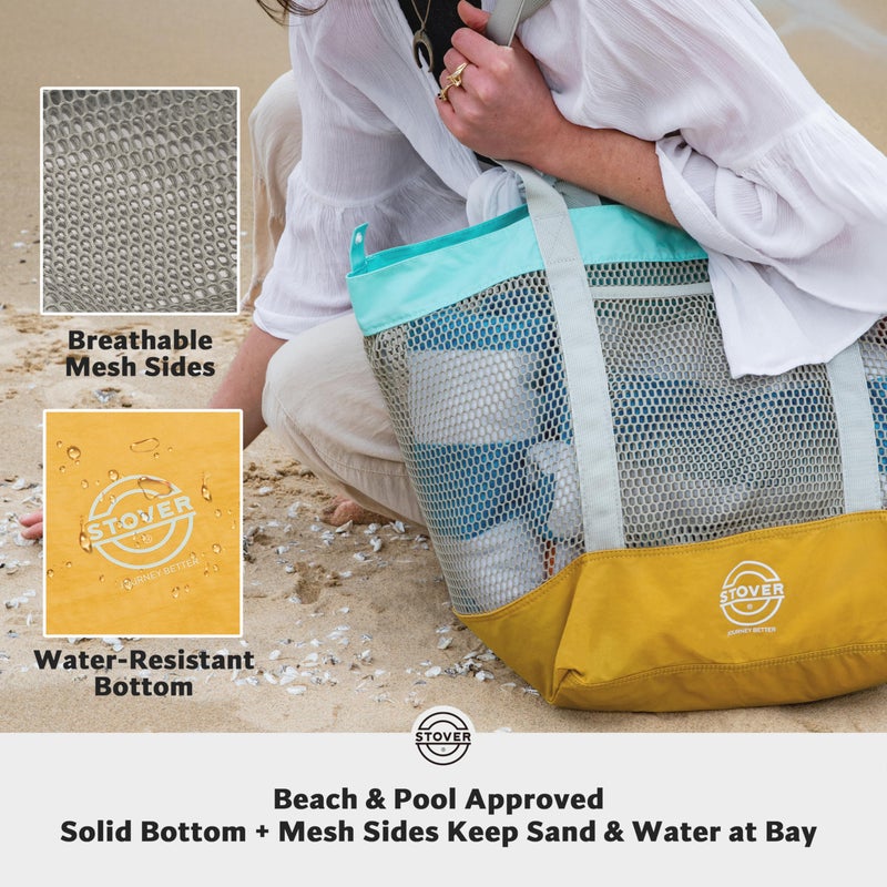 STOVER Extra Large Mesh Nylon Beach Bag, Vacation, Pool, Shopping, Toy, & Travel Tote - Foldable w/Storage Pouch & Pockets for Women, Men & Families - Heavy-Duty and Water-Resistant (Yellow/Aqua) - Image 2