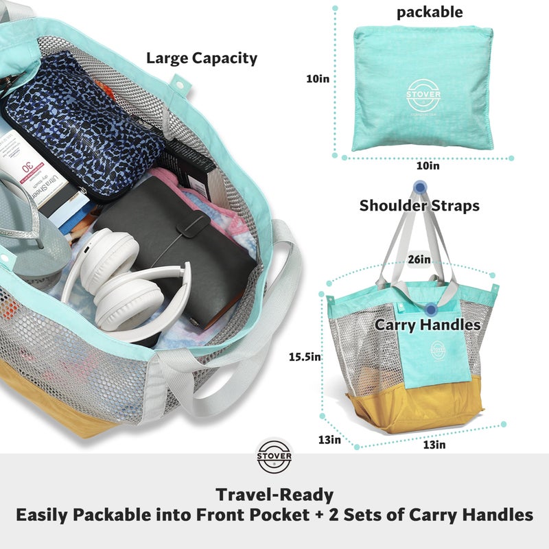 STOVER Extra Large Mesh Nylon Beach Bag, Vacation, Pool, Shopping, Toy, & Travel Tote - Foldable w/Storage Pouch & Pockets for Women, Men & Families - Heavy-Duty and Water-Resistant (Yellow/Aqua) - Image 3