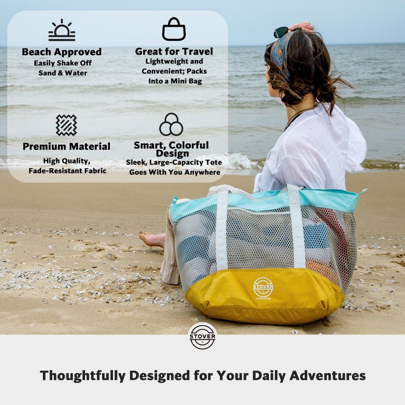 STOVER Extra Large Mesh Nylon Beach Bag, Vacation, Pool, Shopping, Toy, & Travel Tote - Foldable w/Storage Pouch & Pockets for Women, Men & Families - Heavy-Duty and Water-Resistant (Yellow/Aqua) - Image 5