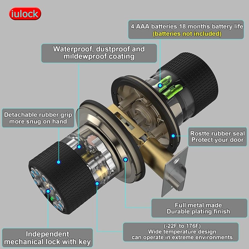 مقبض باب ذكي iulock مع لوحة مفاتيح ومفتاح ، قفل باب دخول بدون مفتاح مع مقبض مطاطي ، قفل تلقائي ، 50 رمز مستخدم ، مقاوم للماء ، سهل التركيب والبرمجة لبوابة مكتب المرآب غرفة النوم (أسود لامع) - Image 4