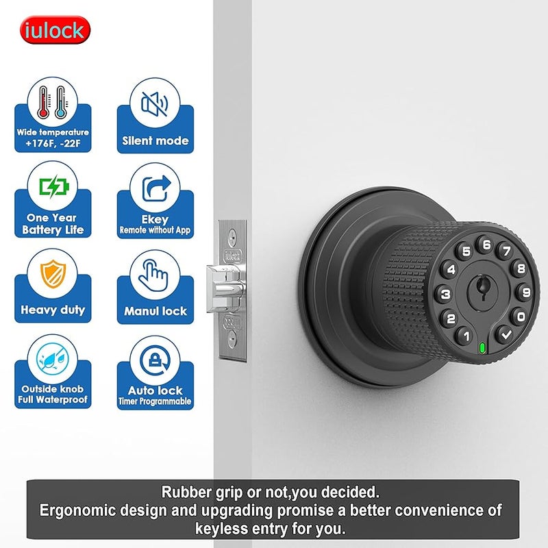 مقبض باب ذكي iulock مع لوحة مفاتيح ومفتاح ، قفل باب دخول بدون مفتاح مع مقبض مطاطي ، قفل تلقائي ، 50 رمز مستخدم ، مقاوم للماء ، سهل التركيب والبرمجة لبوابة مكتب المرآب غرفة النوم (أسود لامع) - Image 3