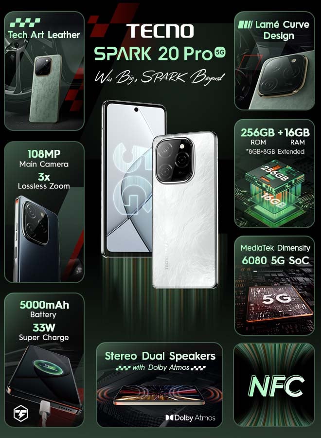 TECNO Spark 20 Pro 5G Dual SIM Glossy White 8GB RAM 256GB - Middle East Version - Image 2