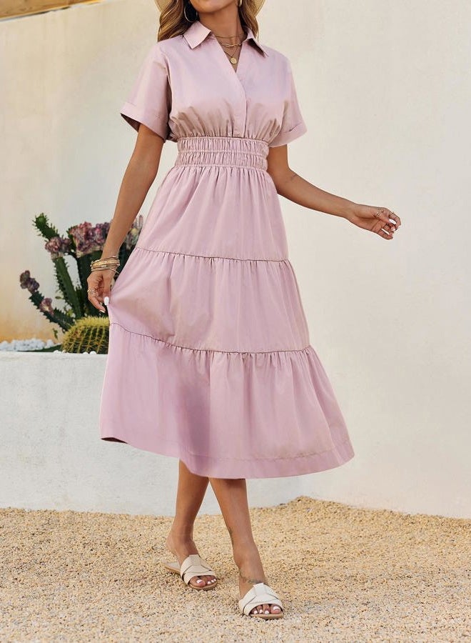 Wenrine Womens Summer Short Sleeve Maxi Dresses Casual V Neck Smocked Loose Tiered Flowy Shirt Dress with Pockets, Light Pink, M - Image 3