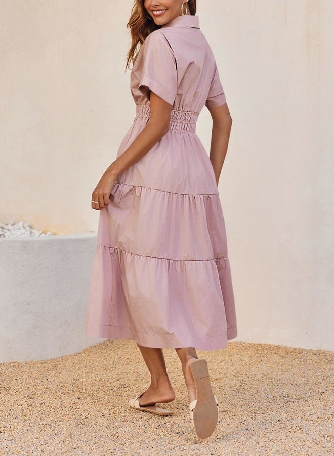 Wenrine Womens Summer Short Sleeve Maxi Dresses Casual V Neck Smocked Loose Tiered Flowy Shirt Dress with Pockets, Light Pink, M - Image 5