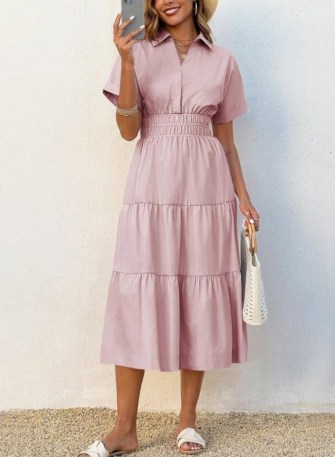 Wenrine Womens Summer Short Sleeve Maxi Dresses Casual V Neck Smocked Loose Tiered Flowy Shirt Dress with Pockets, Light Pink, M - Image 4